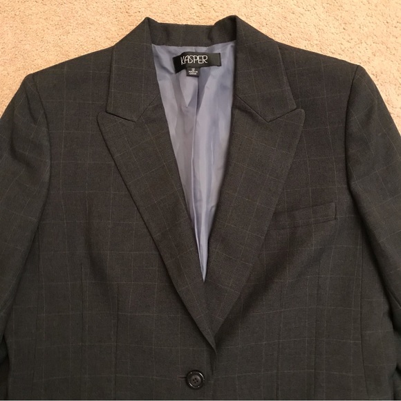 Kasper Womens Dark Grey Blazer Size 12 Large Checker Pinstripe Professional - Picture 2 of 10